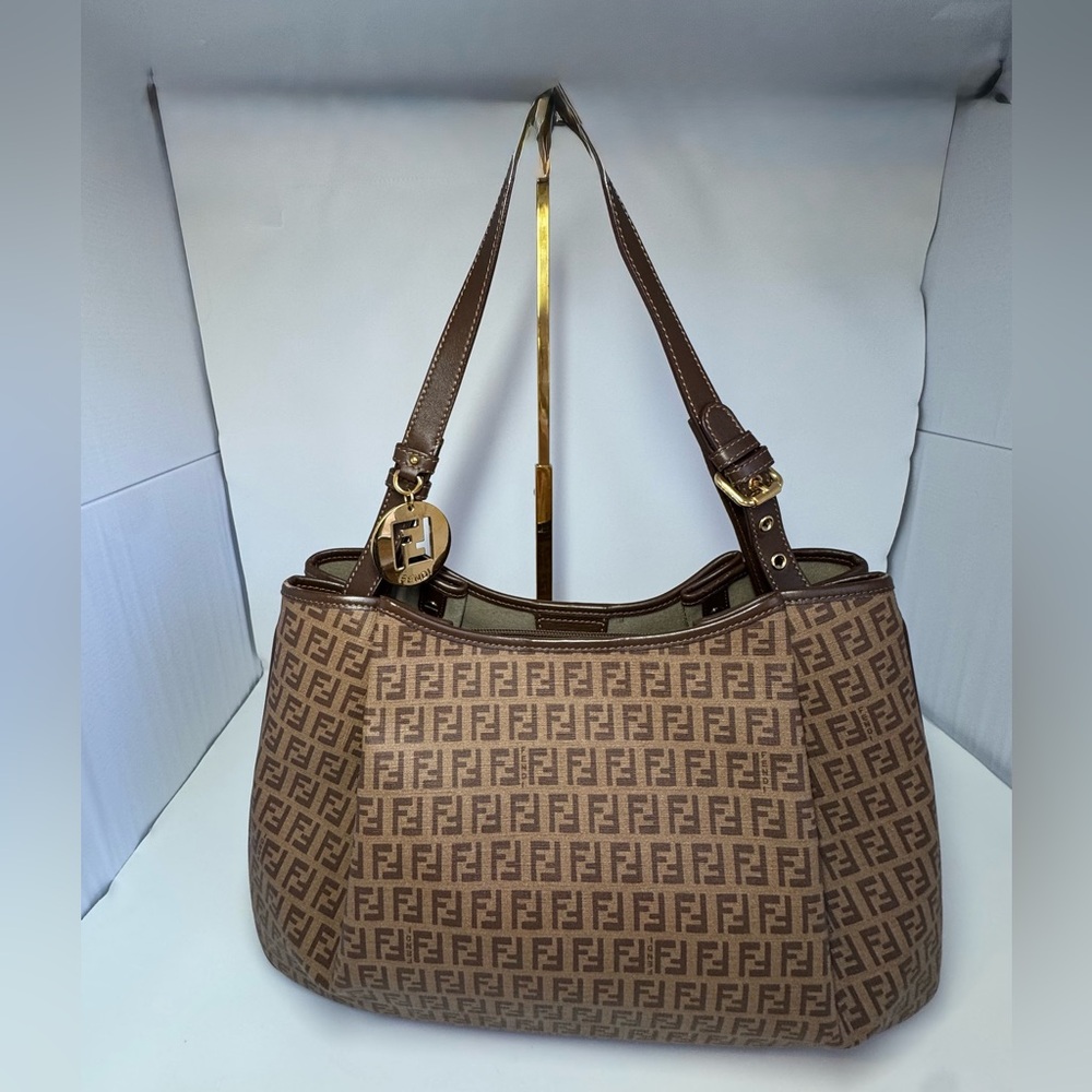 Authentic Fendi Zucchino Canvas and Leather Shoulder Bag
